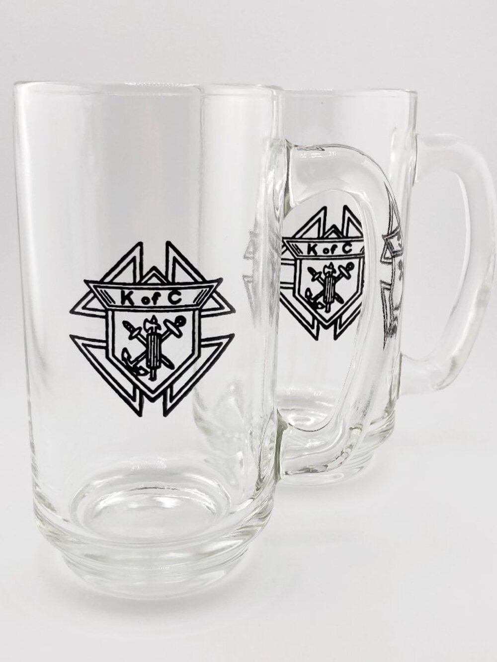RARE VINTAGE matching pair of Knights of Columbus clear glass beer mugs glasses